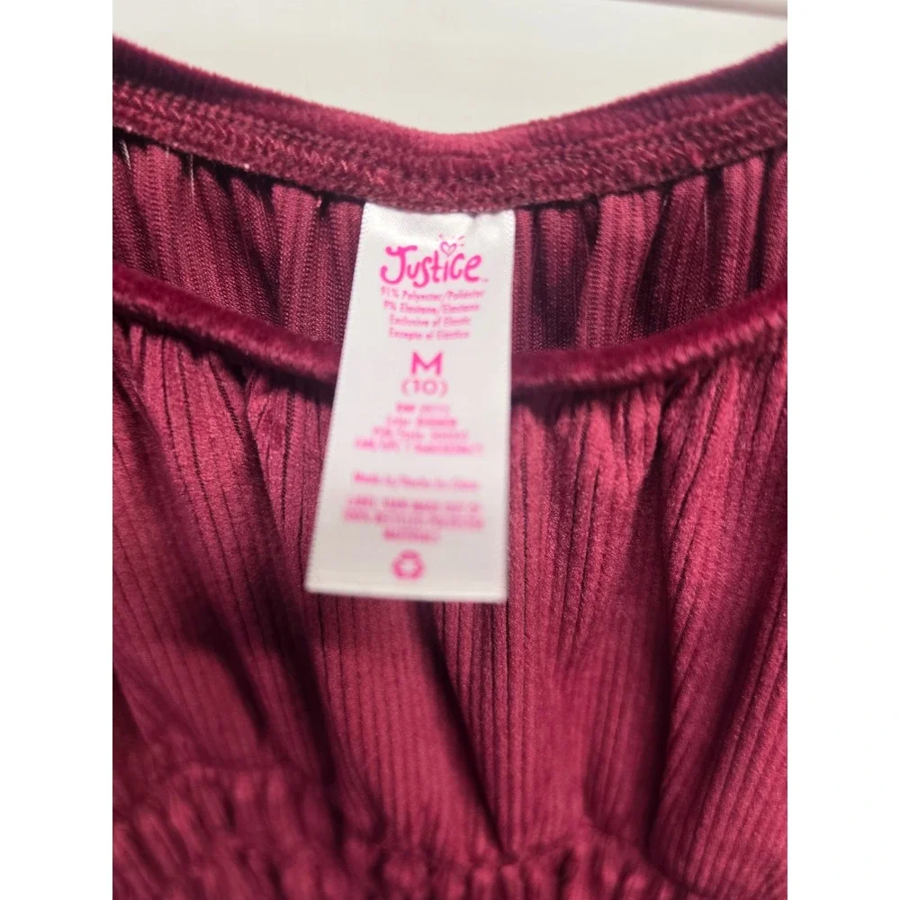 Justice Girls Burgundy Ribbed Velour Smocked Peplum Top Size M 10 Short Sleeve